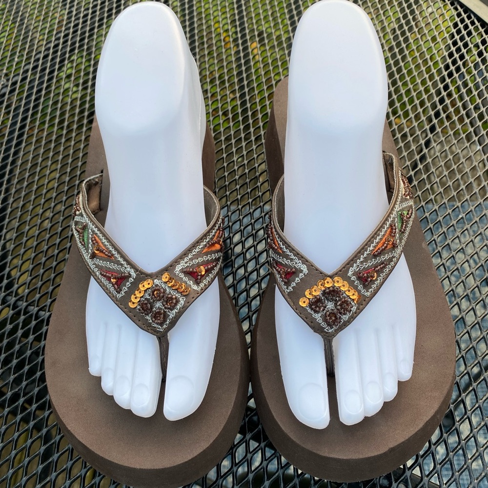 CATO Embellished Brown Wedge Flip Flops/Sandals . Size 8